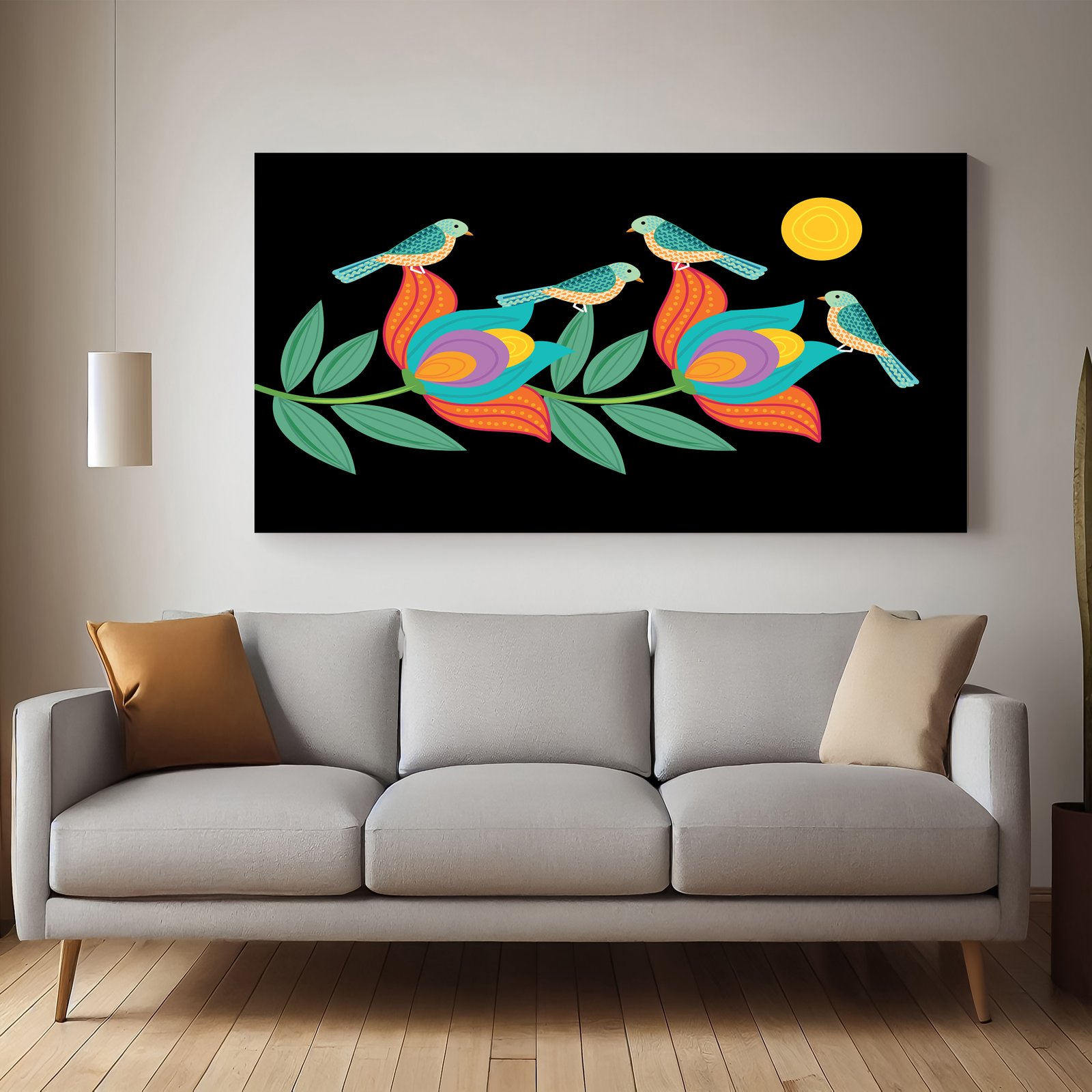 Colorful Birds & Flowers Premium Canvas Wall Painting  decorative masterpiece for home decor